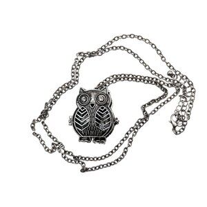 Owl Locket Necklace Aromatherapy Diffuser Silvertone Antiqued Rhinestones 32+3"